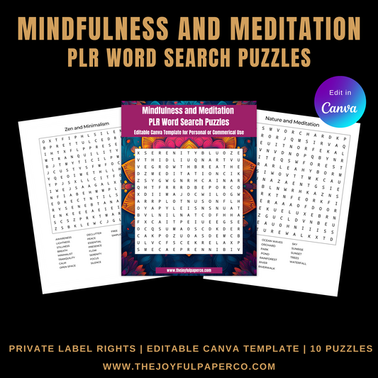 Mindfulness Word Search Puzzles | 10 Editable Canva Templates | PLR for Etsy & KDP | Instant Download & Sell Today