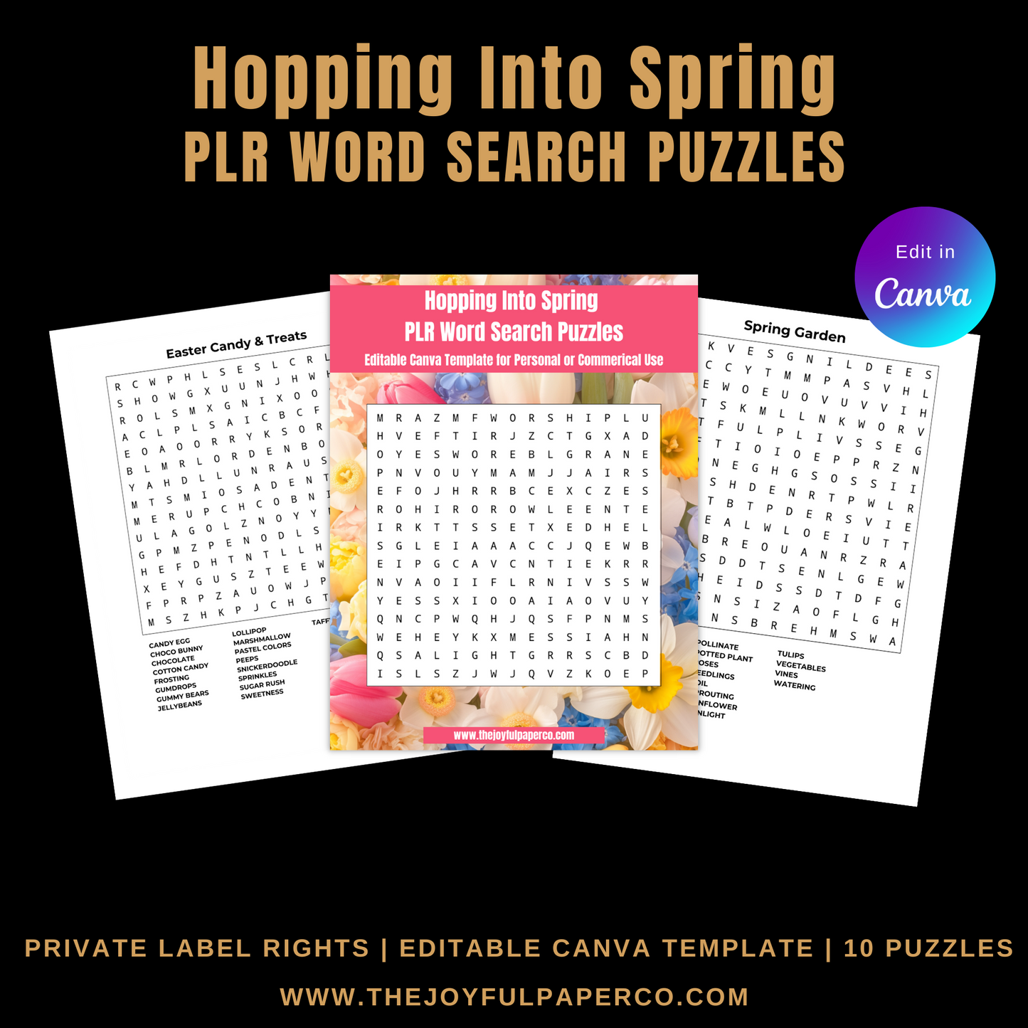 Hopping Into Spring PLR Word Search Puzzles – 10 customizable Spring & Easter puzzles for digital and physical product creators.