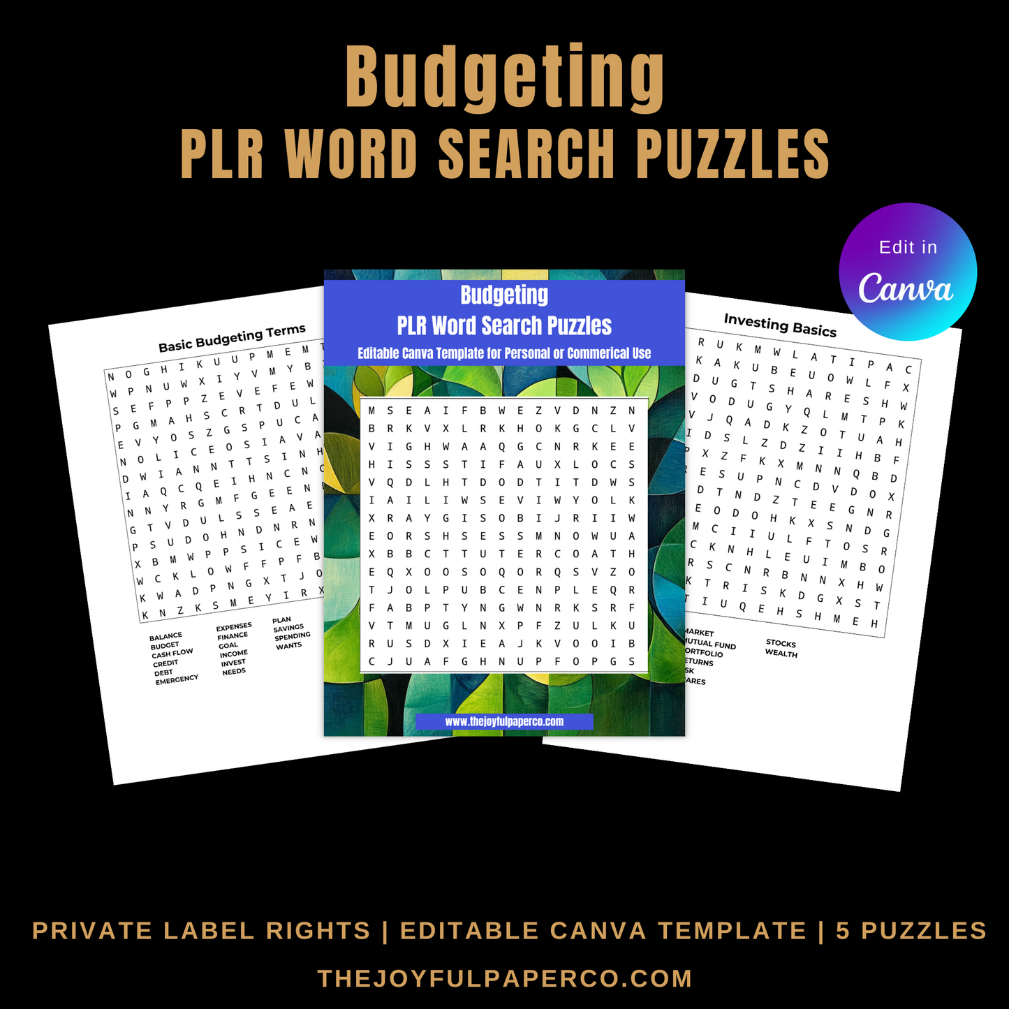 Budgeting PLR Word Search Puzzles | Editable Canva Template & PLR